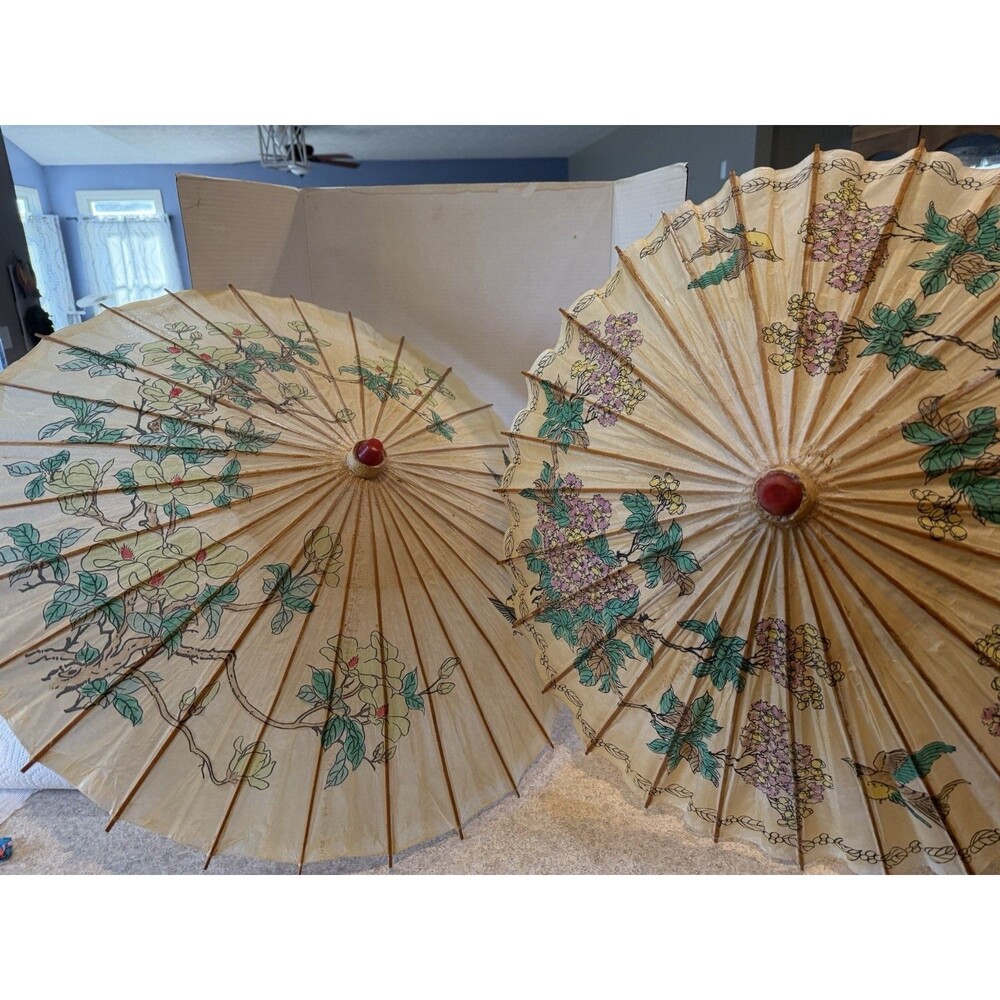 Vintage Chinese Oiled Paper Parasols Set of 2 Bamboo Floral Bird Umbrella Decor